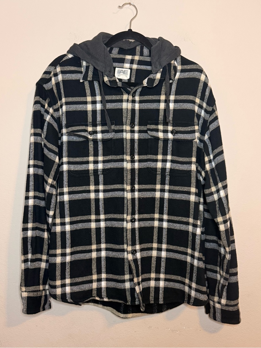 American Eagle Plaid Hooded Flannel Button Down Shirt